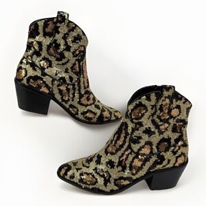 Betsey Johnson Cowboy Boots Lucki Leopard Sequin Sz 6 Animal Print Cowgirl Glam